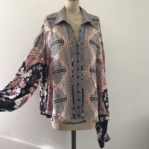 Free People Black Pink Oversized Floral Striped Long Sleeve Blouse Top - M - Picture 2 of 8